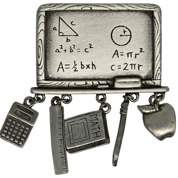 JJ Jewelry - Vintage Teacher Math Brooch Pewter Dangle Charms Book Ruler Calculator